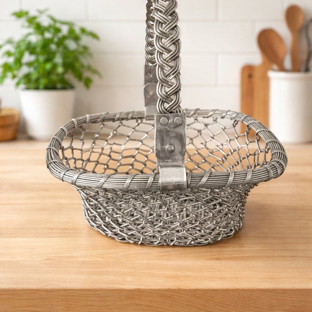 Vintage Woven Metal Wire Basket Braided Handle Rustic Farmhouse Decor Storage